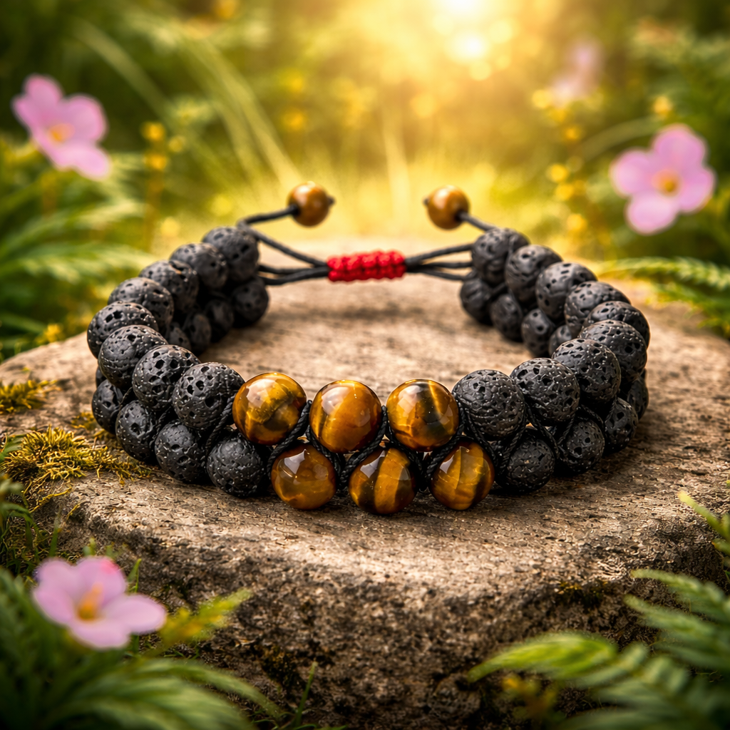Nazar suraksha bracelet with tiger eye and black lava stones placed on natural rock in forest background with golden healing light