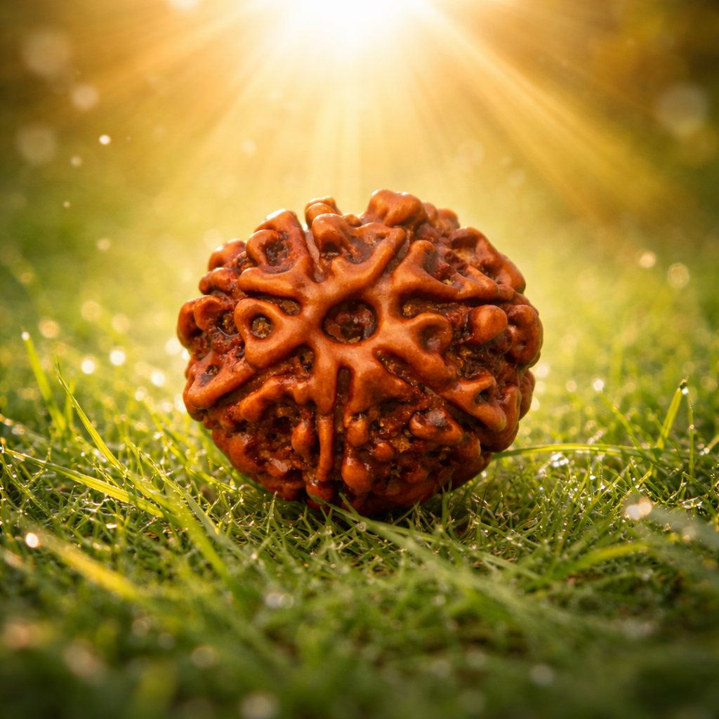 7 Mukhi Rudraksha bead placed on fresh green grass with golden sunlight rays in the background, symbolizing spiritual energy, prosperity, and divine protection.