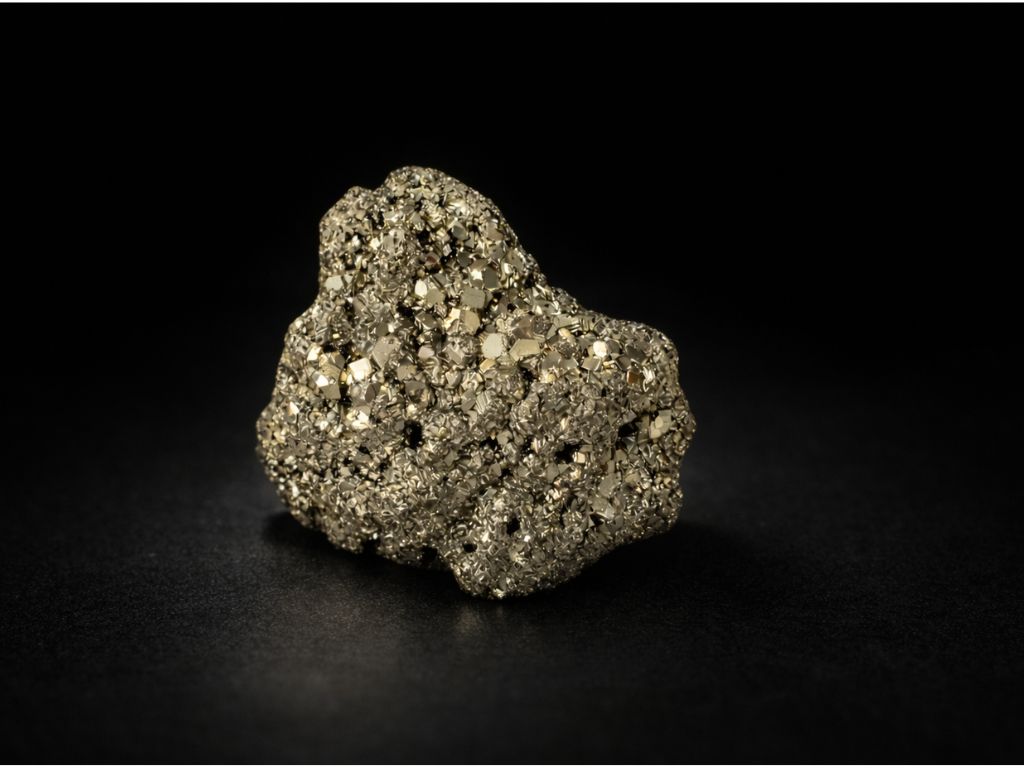 Natural pyrite stone with metallic golden crystal structure on black background