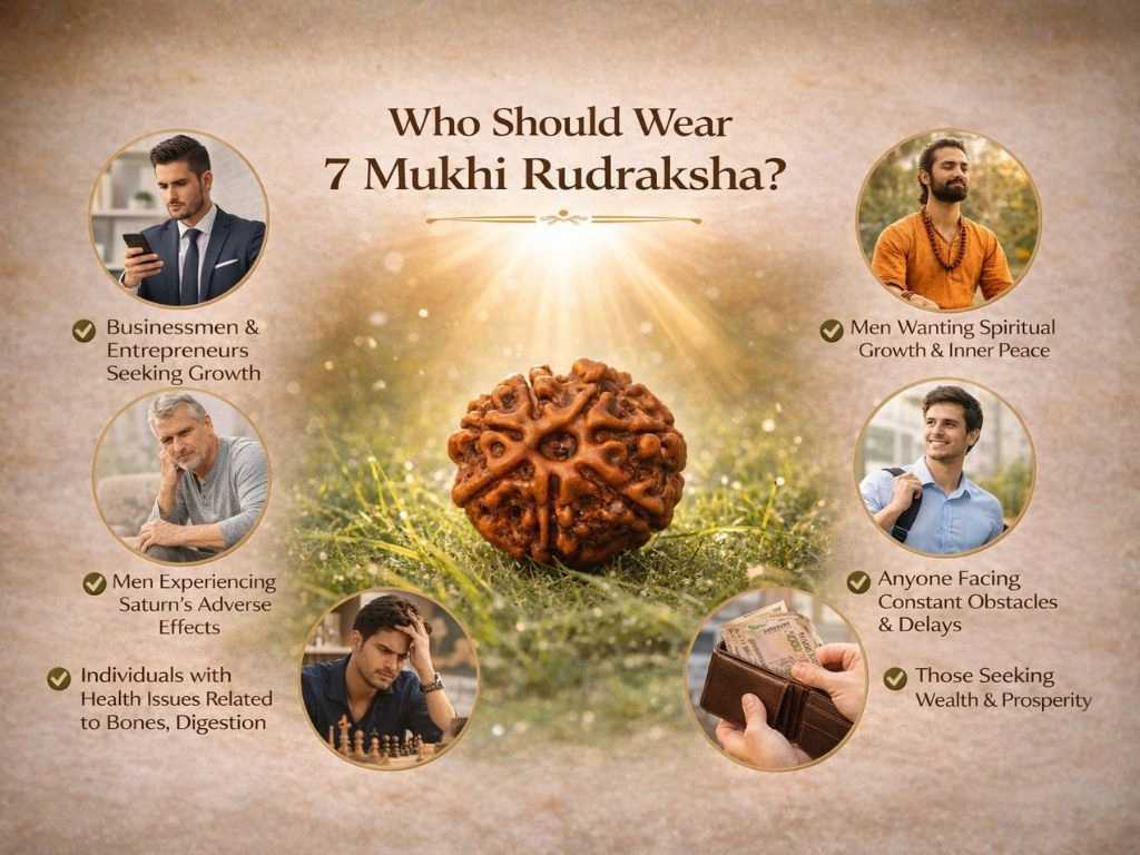 7 Mukhi Rudraksha bead placed on fresh green grass with golden sunlight rays in the background, symbolizing spiritual energy, prosperity, and divine protection.