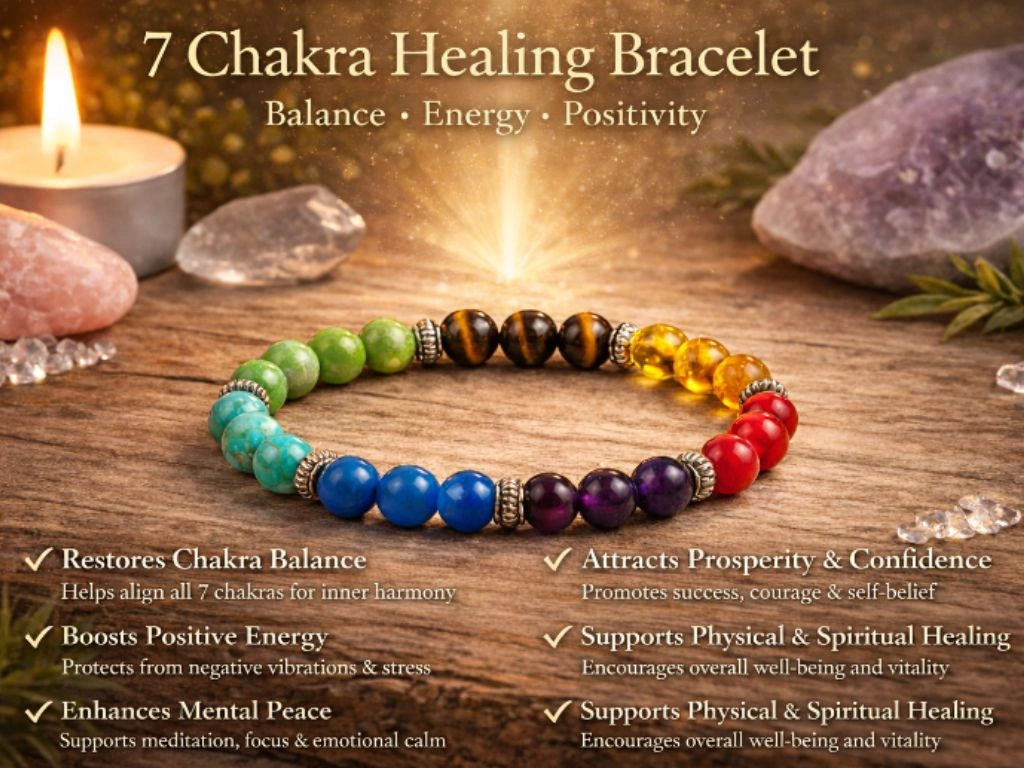 7 chakra bracelet with natural healing gemstones – amethyst, lapis lazuli, turquoise, green aventurine, tiger eye, citrine and red jasper