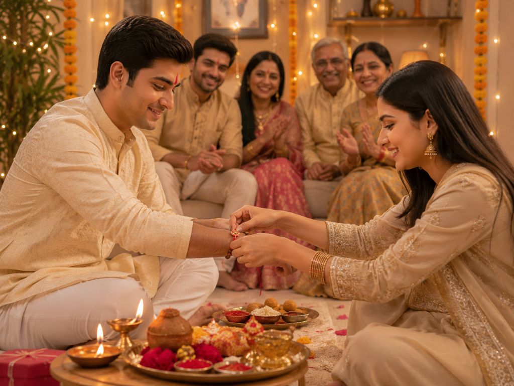 Sister tying Shiv Kripa Rakhi on brother at Raksha Bandhan 2026 Muhurat