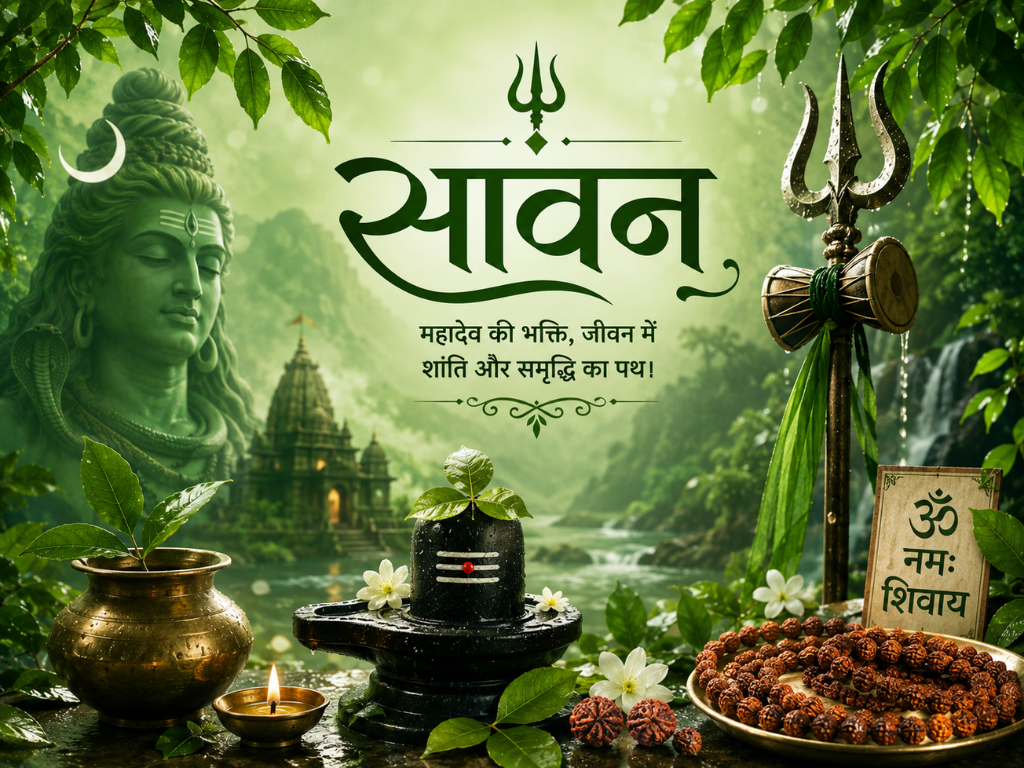 Sawan 2026 spiritual theme with Lord Shiva, Shivling and Rudraksha