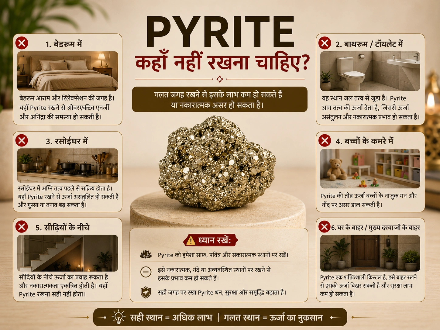 Pyrite stone kahan nahi rakhna chahiye — bedroom bathroom rasoi avoid placement guide | Suyagya