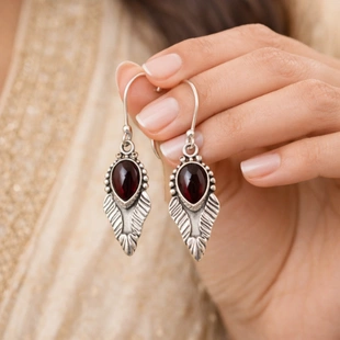 925 Sterling Silver Garnet Leaf Earrings – Nature-Inspired
