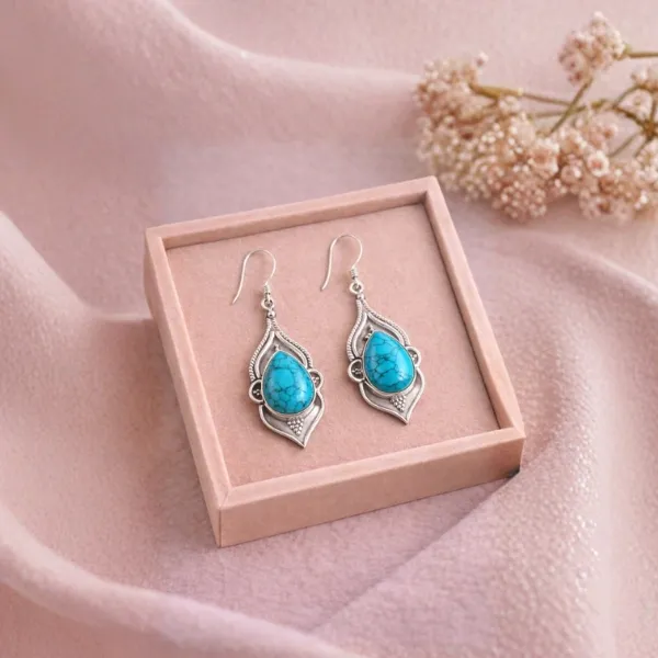 Turquoise Teardrop Gemstone Earrings in 925 Sterling Silver - Buy Natural Firoza Protection Jewelry Online Suyagya