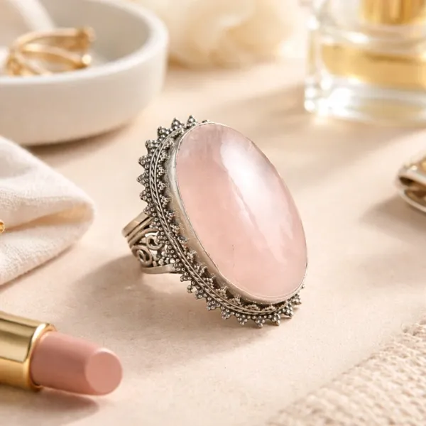 Natural Rose Quartz Boho Ring in 925 Sterling Silver - Buy Bohemian Pink Love Stone Ring Online Suyagya