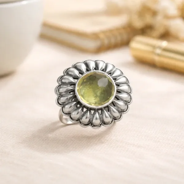 Natural Lemon Quartz Faceted Ring in 925 Sterling Silver - Buy Yellow Positivity Stone Ring Online Suyagya