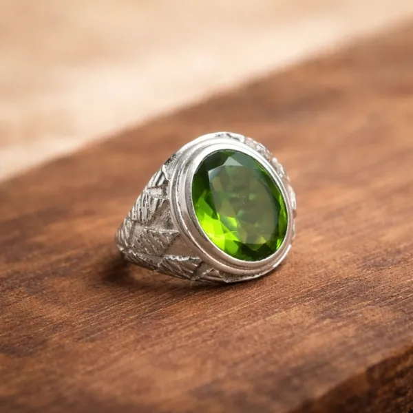 Men's Natural Peridot Signet Ring in 925 Sterling Silver - Front View with Green Gemstone