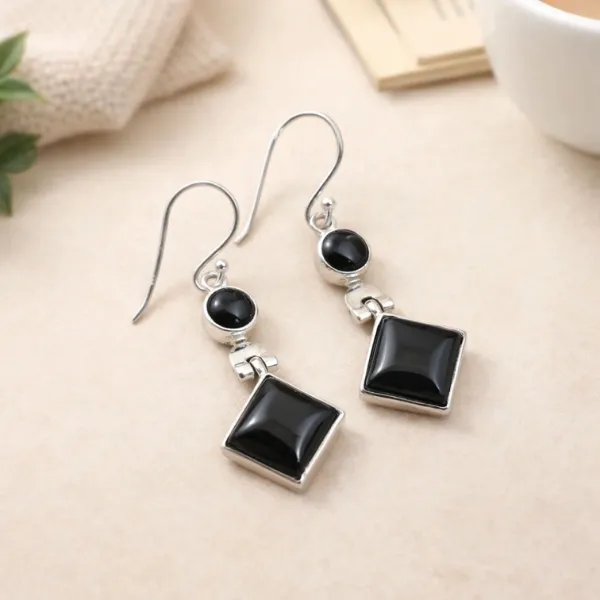 Natural Black Onyx Earrings in 925 Sterling Silver for Women