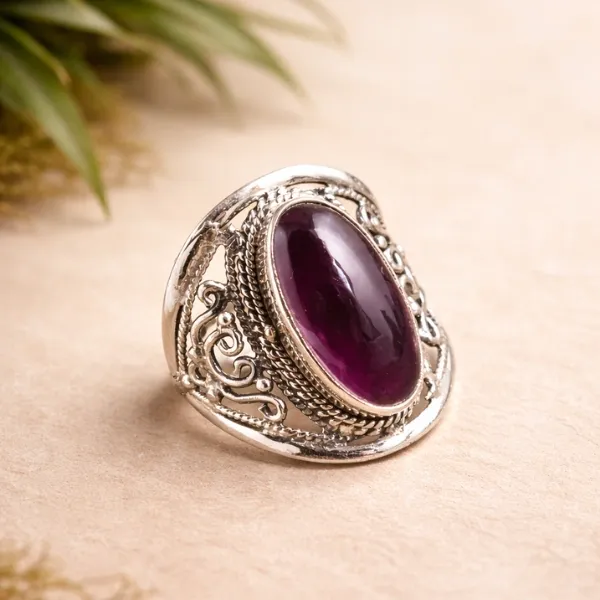 Natural Amethyst Statement Ring 925 Sterling Silver with Filigree Design - Peace and Clarity Jewelry
