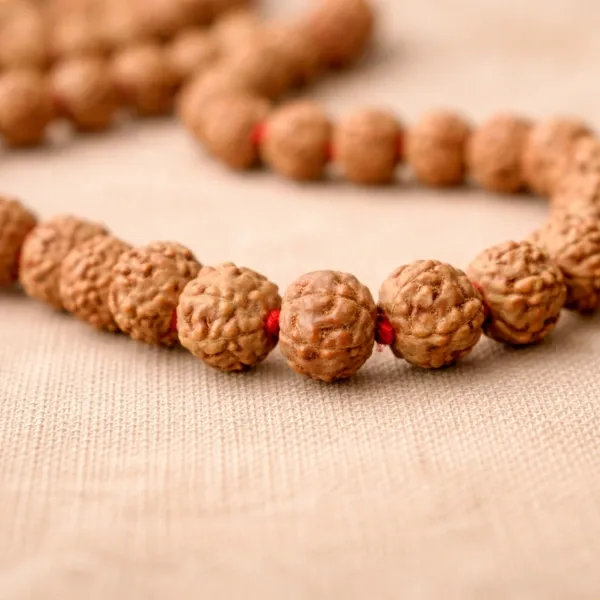 Original 6 Mukhi Rudraksha Jaap Mala 108+1 beads from Nepal showing natural texture - Suyagya
