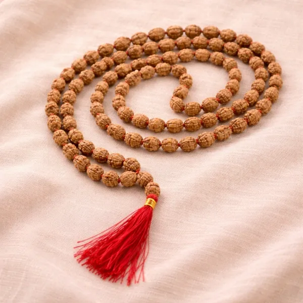 Original 4 Mukhi Rudraksha Jaap Mala 108+1 beads coiled with red tassel from Nepal - Suyagya