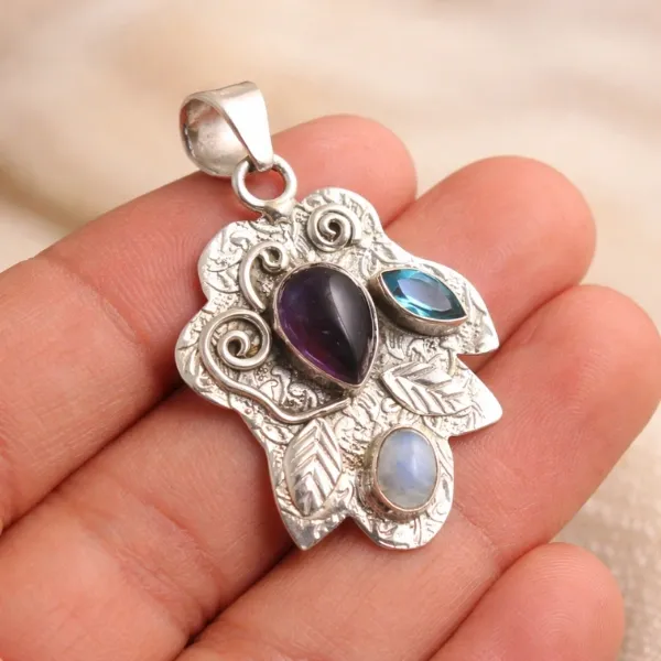 Rainbow Moonstone, Blue Topaz & Amethyst Pendant in 925 Silver