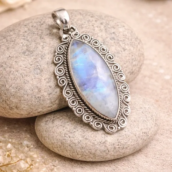 Rainbow Moonstone Vintage Pendant in 925 Sterling Silver - Antique Design Lunar Jewelry for Intuition by Suyagya