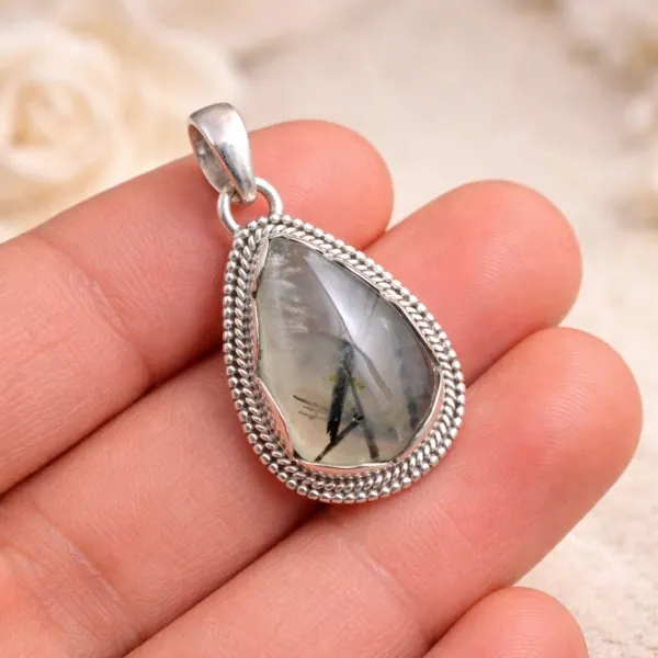 Prehnite Statement Pendant in 925 Sterling Silver - Natural Green Healer Stone for Heart Chakra by Suyagya