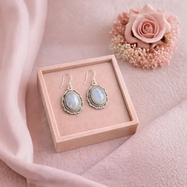 925 Sterling Silver Dangle Rainbow Moonstone Earrings - Natural Blue Sheen Stone for Intuition and Feminine Energy by Suyagya