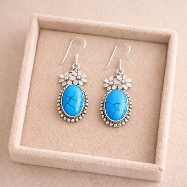 Western Flower Turquoise Earrings in 925 Sterling Silver - Natural Blue Stone Boho Floral Design by Suyagya