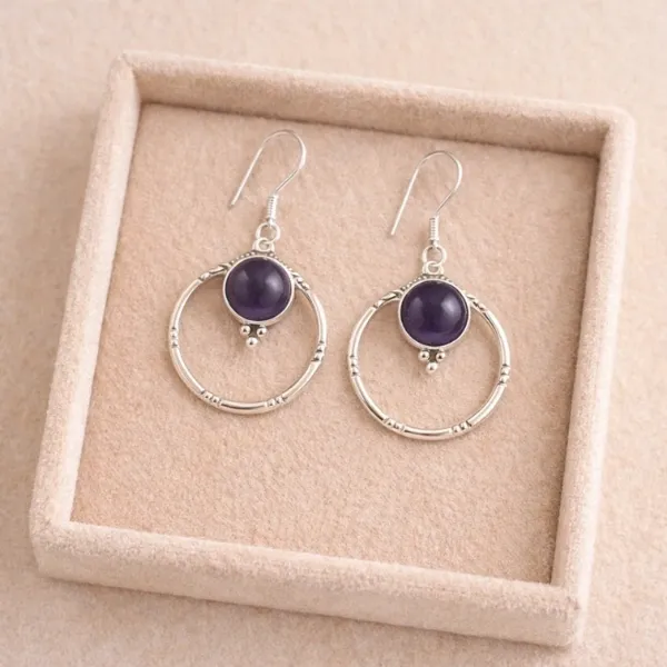 Vintage Amethyst Handmade Earrings in 925 Sterling Silver - Natural Purple Stone Artisan Crafted by Suyagya