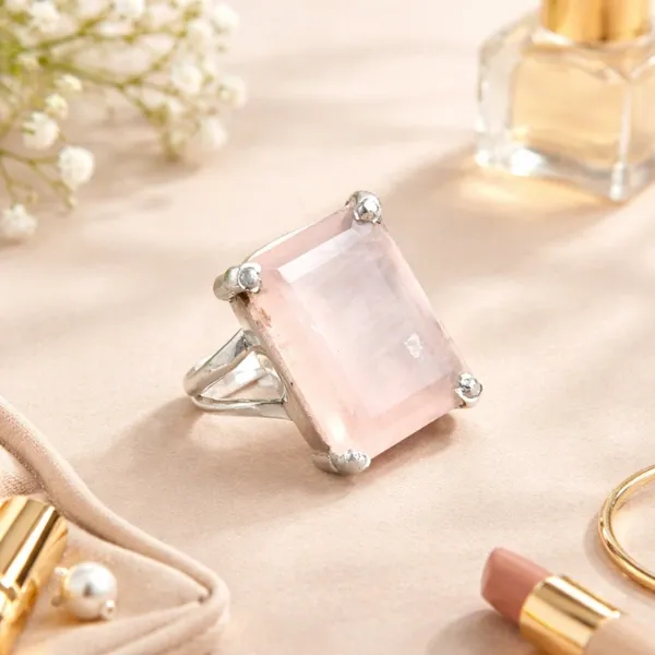 Rectangular Rose Quartz Statement Ring | Large Prong Set Cocktail Ring