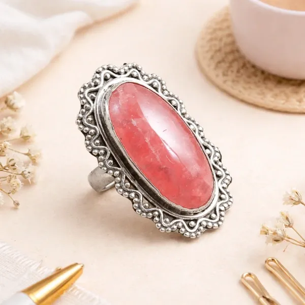 Rhodochrosite Ellipse Ring in 925 Sterling Silver - Buy Natural Pink Self-Love Stone Ring Online Suyagya