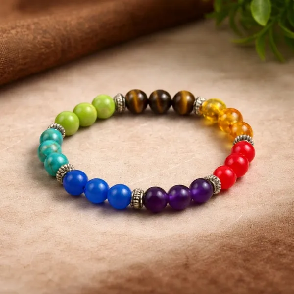Original 7 Chakra Hand Bracelet - Natural Gemstone Bracelet with Rainbow Colored Stones Certificate