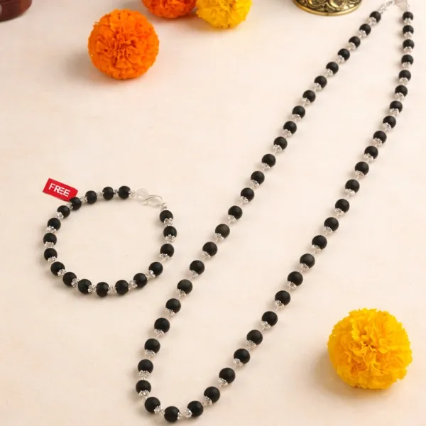 SUYAGYA Karungali Silver Plated Mala and Bracelet Combo Certified Original Ebony Wood for Murugan Blessings and Nazar Protection