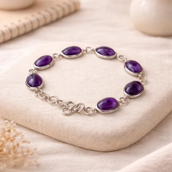 Amethyst Oval Shape Silver Bracelet