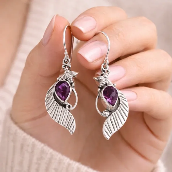 925 Sterling Silver Natural Amethyst Leaf Earrings