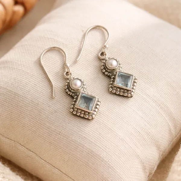Blue Topaz Pearl Boho Earrings 925 Silver | Sky Meets Sea