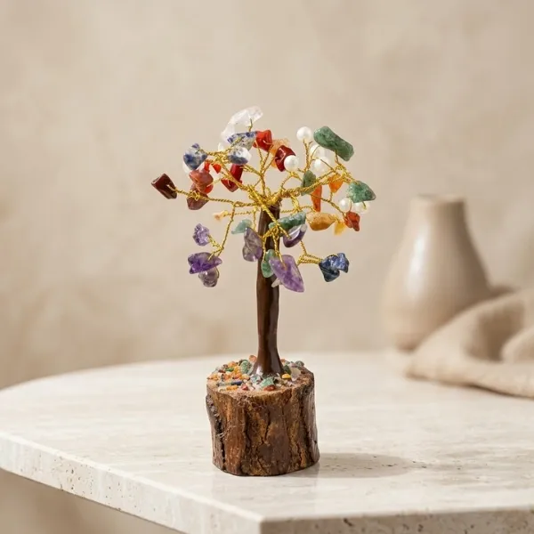 7 chakra crystal tree real natural crystals 6 inch wooden base gold wire — Suyagya India ₹299