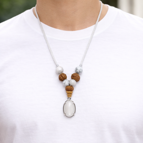 Cancer Kark Rashi Pendant howlite rudraksha white cord Moon energy — Suyagya India ₹699