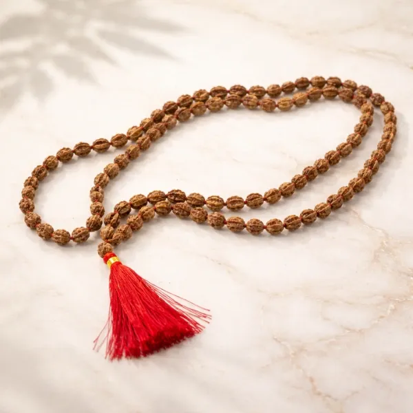 Original 3 Mukhi Rudraksha Jaap Mala 108+1 beads held in hand showing natural texture - Suyagya