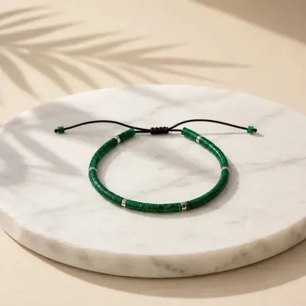 Malachite disc bracelet deep green silver accents black macrame cord — Suyagya India