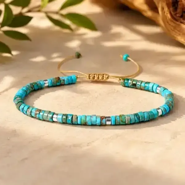 Blue turquoise disc bracelet silver accents brown macrame cord natural stone — Suyagya India