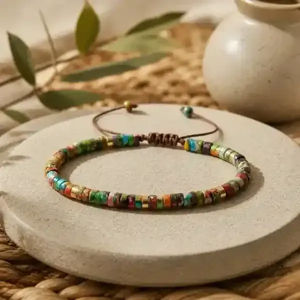 Sea Sediment Jasper disc bracelet multicolor all chakra brown macrame cord — Suyagya India