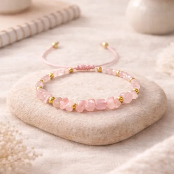 Rose Quartz Uncut Stone Bracelet — Raw Crystal on Adjustable Pink Cord for Love, Healing and Daily Wear