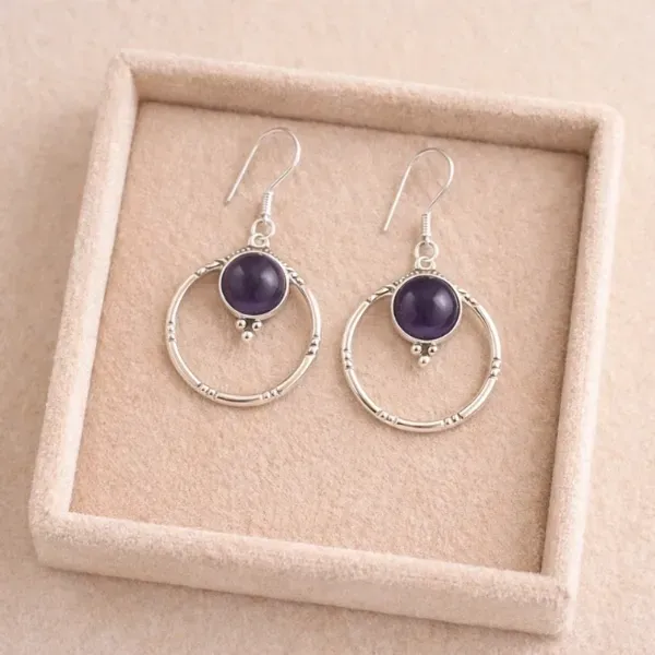 Vintage Amethyst Handmade Earrings in 925 Sterling Silver - Natural Purple Stone Artisan Crafted by Suyagya