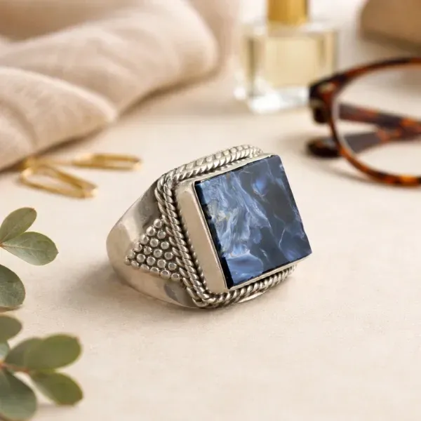 Men's Pietersite Jasper Signet Ring — Natural Rare Stone in Solid 925 Sterling Silver