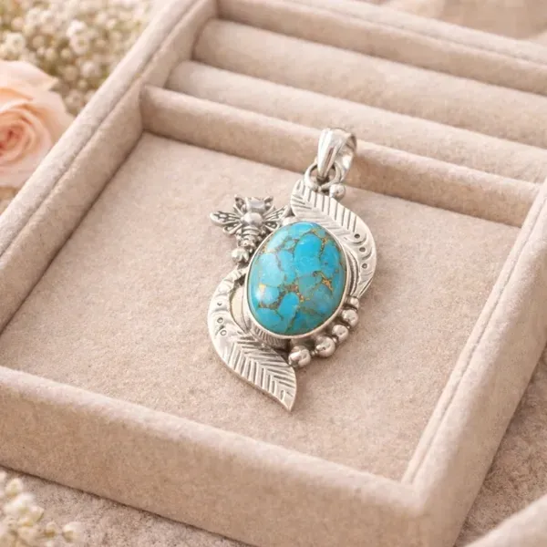 Natural Blue Turquoise Bee Pendant in 925 Sterling Silver for Women